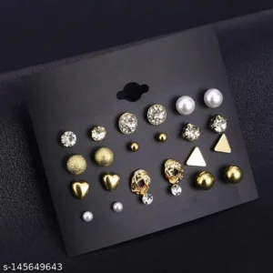 Gold Plated AD & Pearl Heart Stud Earrings – 12 Pair Set