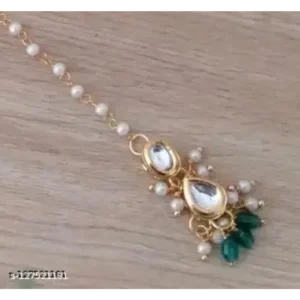 Gold Plated Kundan and Pearl Maangtikka – Festive Green Charm