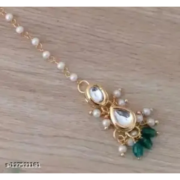 Gold Plated Kundan and Pearl Maangtikka – Festive Green Charm