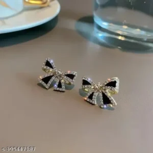 Elegant Zircon Black Bow Tie Earrings – Gold Plated Studs for Women