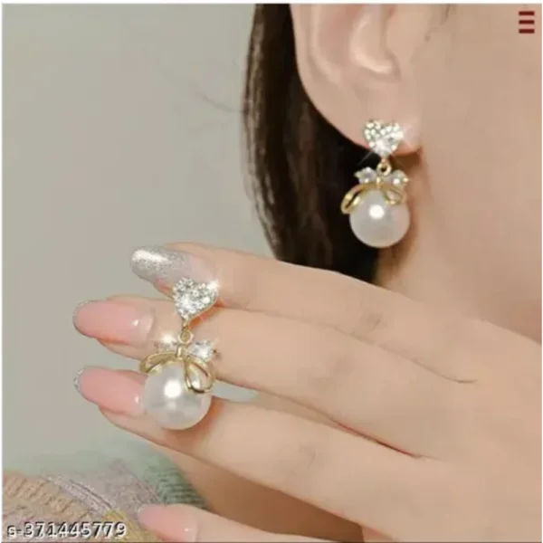 Korean Style Pearl Heart Bow Knot Earrings – Gold Plated Drops