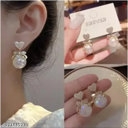 Korean Style Pearl Heart Bow Knot Earrings – Gold Plated Drops