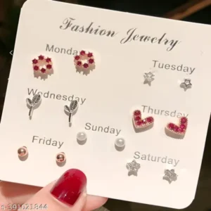 Vembley Pack of 7 Weekly Stud Earrings – Stylish Gold Combo