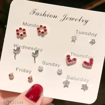 Vembley Pack of 7 Weekly Stud Earrings – Stylish Gold Combo