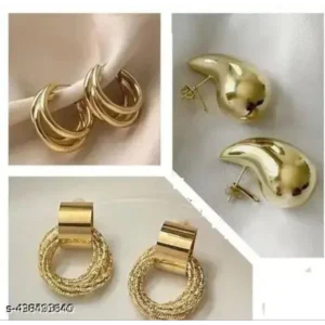Korean Gold Plated Earrings Combo – Stylish Studs & Hoops (Set of 3)