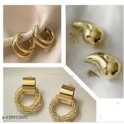 Korean Gold Plated Earrings Combo – Stylish Studs & Hoops (Set of 3)