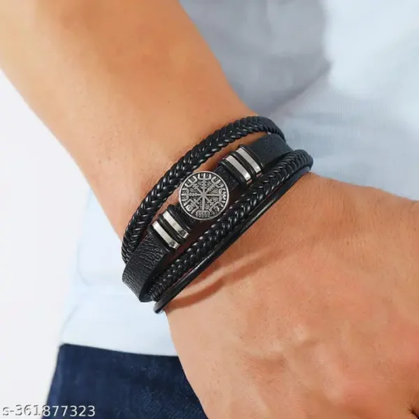Black Leather Bracelet with Silver Compass Charm – Unisex