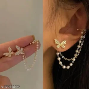 Trendy Korean Earrings Set for Women – Pearl Chain Gold Plated Style