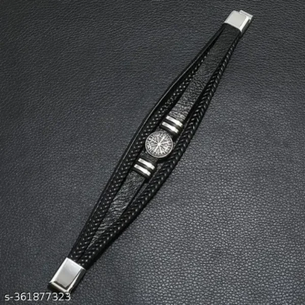 Black Leather Bracelet with Silver Compass Charm – Unisex