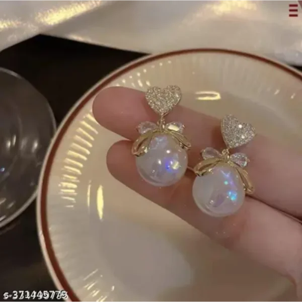 Korean Style Pearl Heart Bow Knot Earrings – Gold Plated Drops