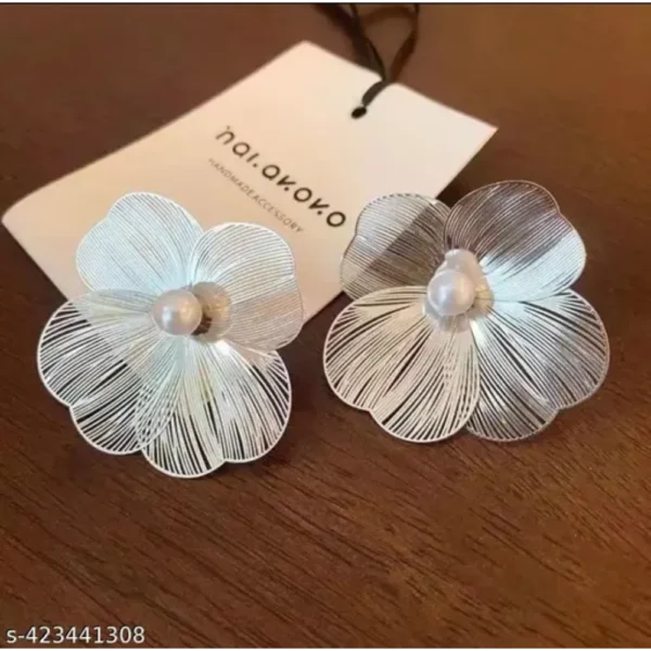 Silver Plated Stainless Steel Floral Pearl Oversized Studs
