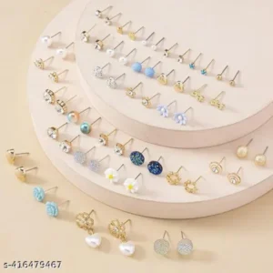 Quirky Stud Earrings Combo for Women – Gold Plated & Pearl (30 Pairs)