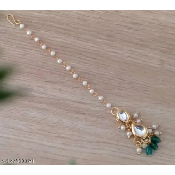 Gold Plated Kundan and Pearl Maangtikka – Festive Green Charm