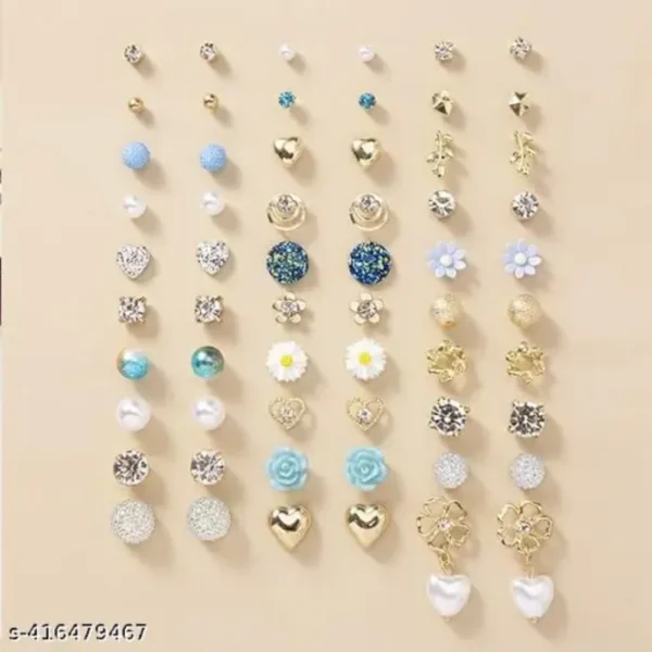 Quirky Stud Earrings Combo for Women – Gold Plated & Pearl (30 Pairs)