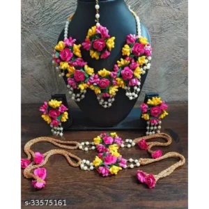 Yellow-Pink Flower Jewellery Set – Bridal Haldi & Mehandi Look