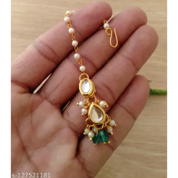 Gold Plated Kundan and Pearl Maangtikka – Festive Green Charm