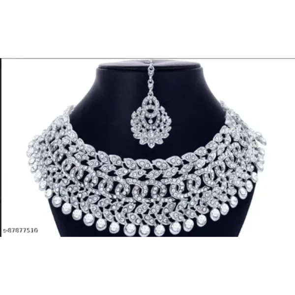 Sterling Rhodium Jewellery Set – AD Necklace & Maangtika