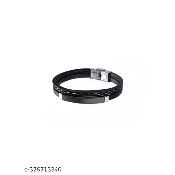Black Leather Bracelet for Men with Steel Clasp – Stylish
