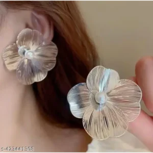 Silver Plated Stainless Steel Floral Pearl Oversized Studs
