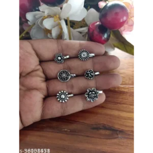 Silver Oxidized Non Piercing Nose Pins | Pack of 6 for Girls