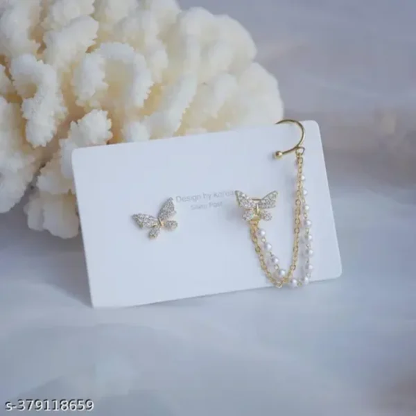 Trendy Korean Earrings Set for Women – Pearl Chain Gold Plated Style