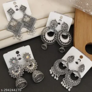 Combo of 4 Oxidised Silver Jhumki Earrings – Trendy Hoop & Dangle Designs