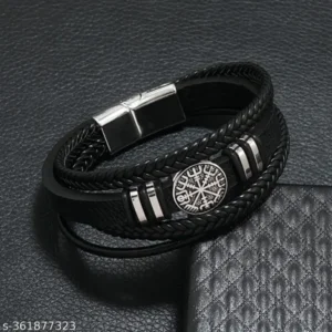 Black Leather Bracelet with Silver Compass Charm – Unisex