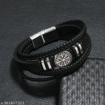 Black Leather Bracelet with Silver Compass Charm – Unisex