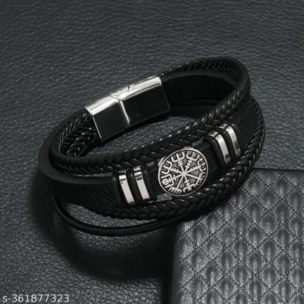 Black Leather Bracelet with Silver Compass Charm – Unisex