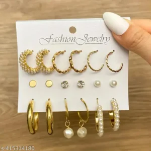 9 Pair Gold Pearl Hoop & Stud Earrings Combo – Trendy Set