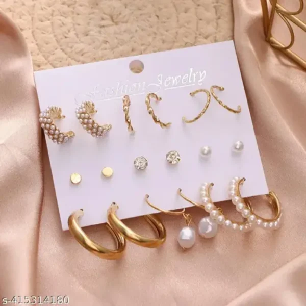 9 Pair Gold Pearl Hoop & Stud Earrings Combo – Trendy Set