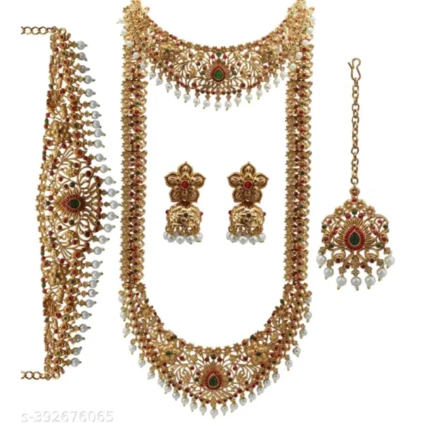 Gold Plated Synthetic Stone Ethnic Jewellery Set – Matte Finish J-Set
